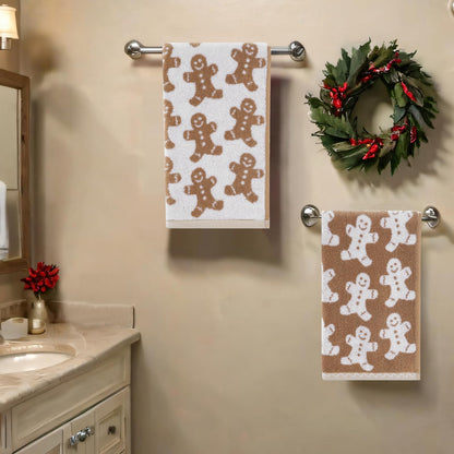 Shemilly 2pcs Christmas Hand Towels Brown Xmas Gingerbread Jacquard Hand Towel for Bath 100% Cotton Thick Soft Bathroom Kitchen Decorative Set for Christmas Winter Holiday Decor Gift,18 x 28 Inch