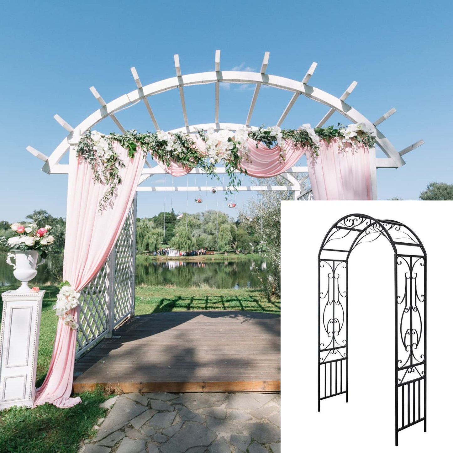 Peach Tree Outdoor Metal Garden Arch, 86.6" H x 44.1" W Iron Black Trellis Arbor Various Climbing Plant Growing Lawn Backyard