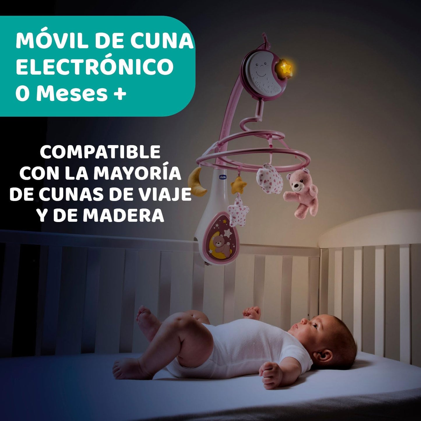 Chicco Next2Dreams Baby Mobile with Music Box for Cot and Bed - 3 in 1 Baby Mobile Compatible with Next2Me Cot, with Sound Effects, Soft Night Light Projector and Classical Music - 0+ Months, Pink