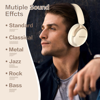 RORSOU B8 Bluetooth Headphones Over Ear, 6 EQ Music Modes and 50H Playtime Deep Bass Wireless Headphones with Mic, Lightweight Folding HiFi Stereo Headset for iPad/Travel/Tablet/PC/Home Beige White