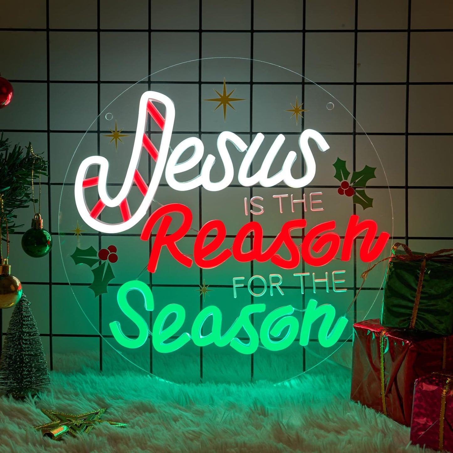 InnovTools Jesus Is the Reason for the Season Neon Sign Christmas Christian Neon Light Wall Decor, Jesus Is the Reason Acrylic LED Wall Sign, Religious Gifts Christmas Holiday Decor for Home, Window