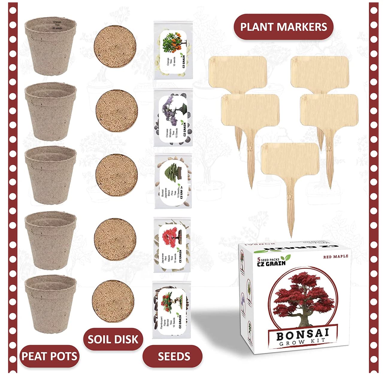 Bonsai Tree Kit – Grow 5 Species of Bonsai Tree w/Our All-in-One Plant Kit: Bonsai Pots & Peat Pellets Including a Tutorial Video by CZ Grain | Great Gardening Gifts for Women and Men