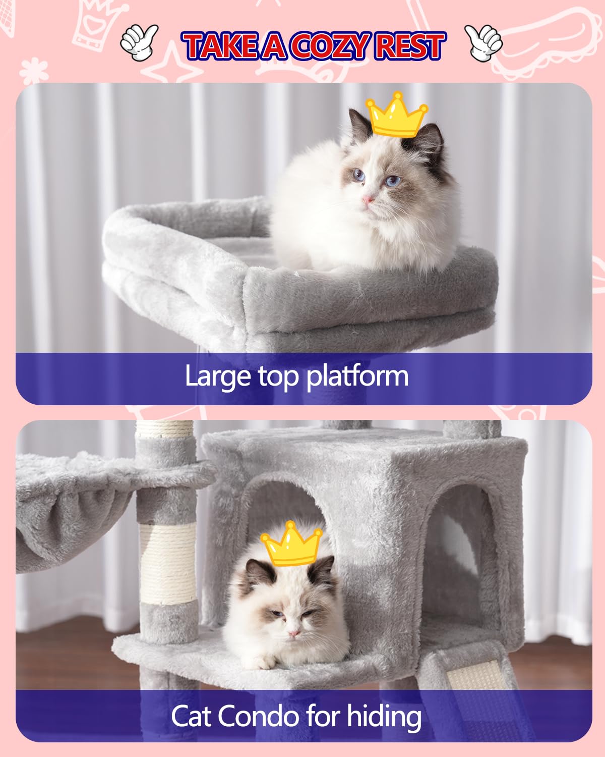 Gitelsnour Cat Tree, Cat Tower with condo, 2 Baskets, Large Platform, Scratch Board, Cat Scratching Posts for Indoor Cats, Light Gray GCT003SW