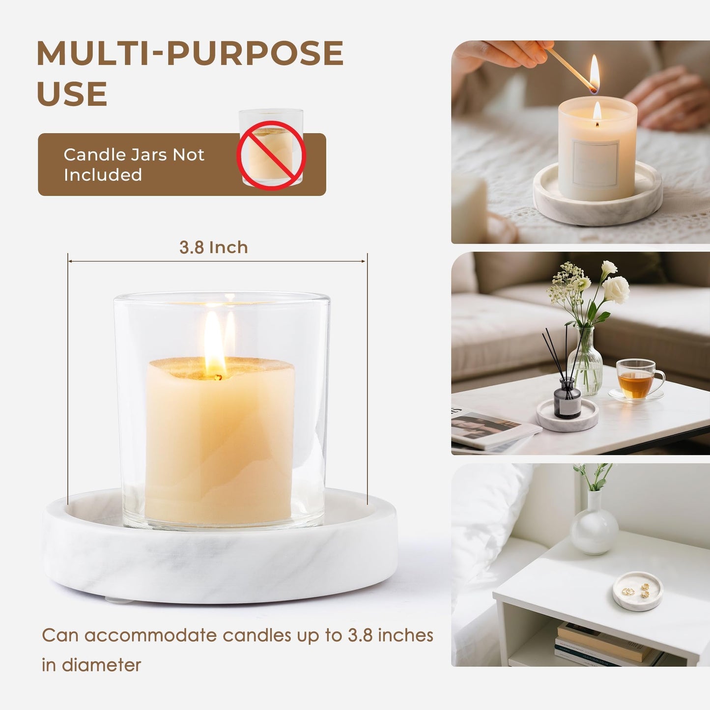 WORHE Candle Holders Italy Premium Natural Marble Candlestick Holder for Jar Pillar Candles Large Round Coaster Plate Jewelry Tray Centerpiece for Wedding Dining Table Home Decor White (ZT011)
