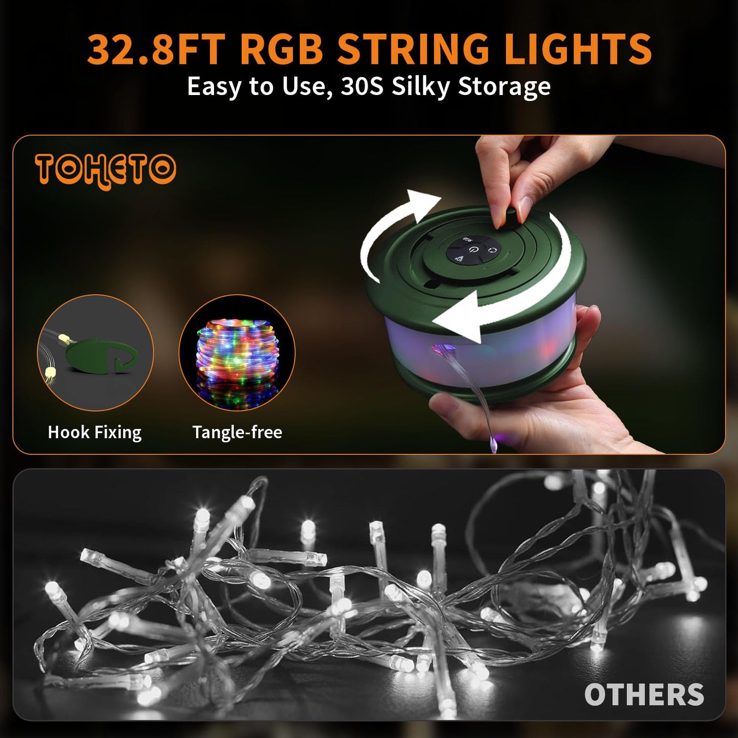 TOHETO Camping String Lights, 3 in 1 Upgraded Retractable RGB Outdoor String Lights with 19 Lighting Modes, Quick 30s Recovery, 32.8 FT Portable Tent Lights, Rechargeable Camping Lantern (Green)