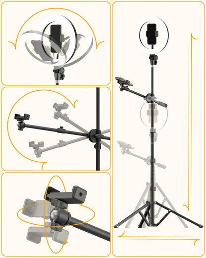 LUXSURE 10.5" Ring Light with Tripod Stand & Phone Holder, Overhead Phone Mount with 2 Shooting Positions, Tripod for iPhone with Ring Light for Video Recording/Live Streaming/Cooking