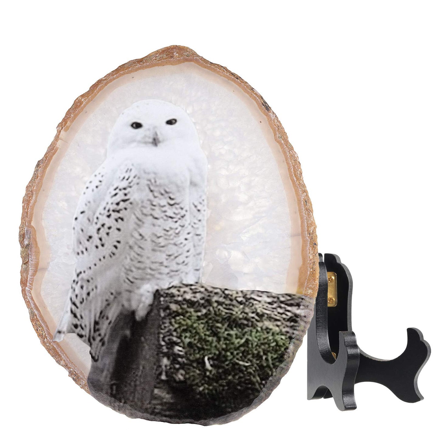 Rockcloud Snowy Owl Agate Slab Display with Wooden Stand Irregular Shape Agate Slice Stone Home Office Desk Ornament, 3.9"-4.7"