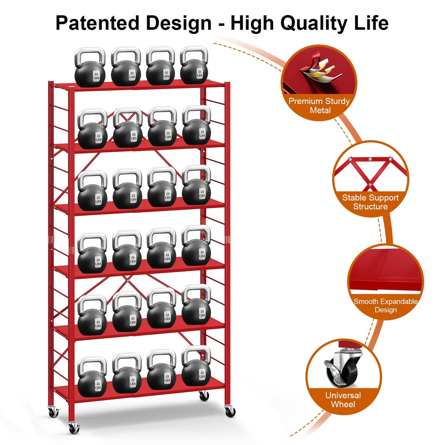 Himix 6 Tier Foldable Storage Shelves, Expandable Folding Bookshelf with Wheels, Changeable into 2 Shelf Units, Collapsible Adjustable Storage Rack Metal Shelves for Garage Kitchen, Basement, Red