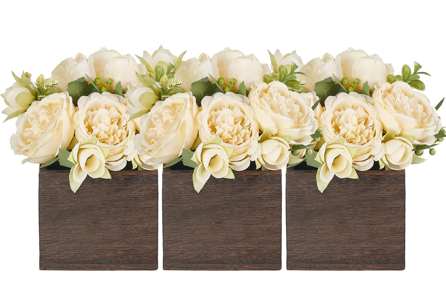 Dahey Small Flower Centerpieces for Tables Set of 3 Artificial Flowers with Wooden Vase Farmhouse Table Decor for Dinning Living Room Kitchen Wedding Party Office Home Decoration