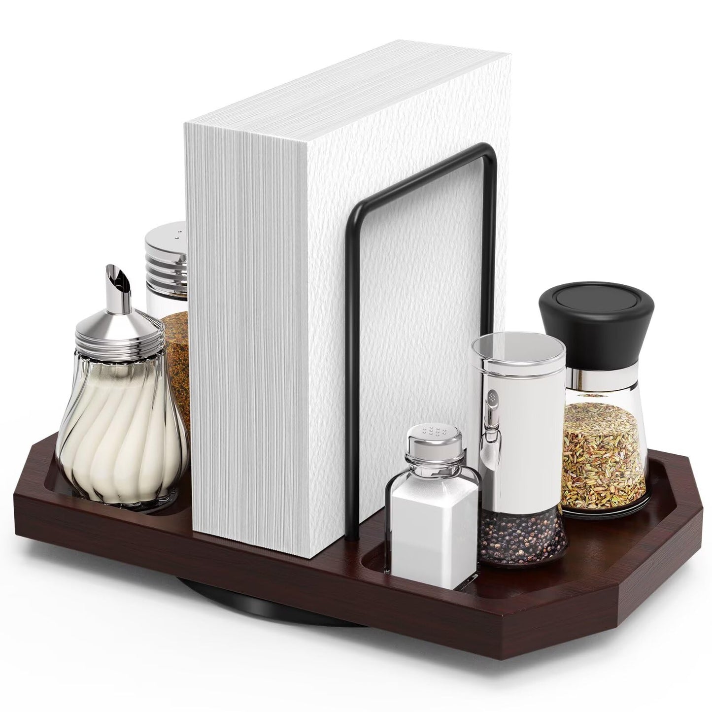 FODIENS Napkin Holder for Table, Rotating Napkin Dispenser with Salt and Pepper Shakers Storage, Standing Paper Napkin Organizer for Kitchen Dining Table Decor (1, Brown)