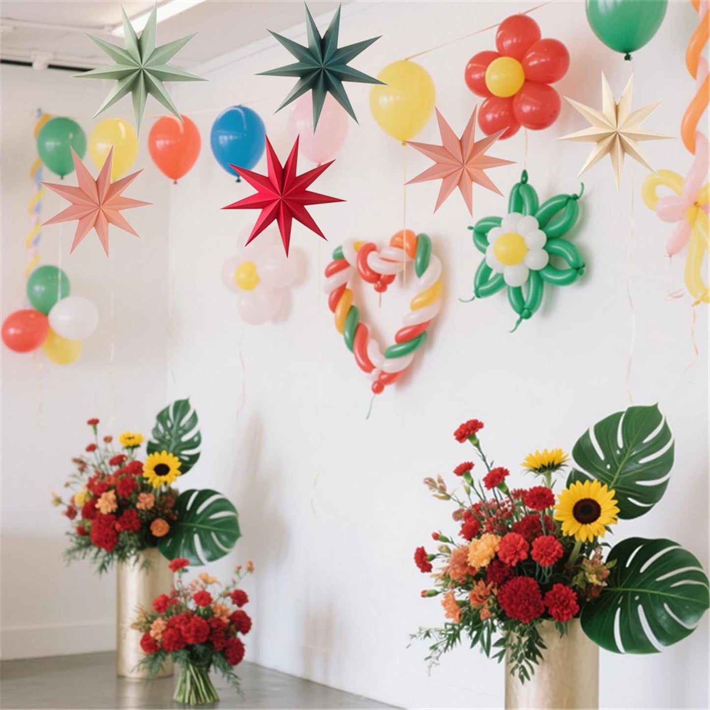 5Pcs Red Pink Green Beige Christmas Paper Star,12 Inch Large 9 Pointed Hanging Star Lantern for Xmas Tree,Fireplace,Porch,Birthday Party,Home Decor