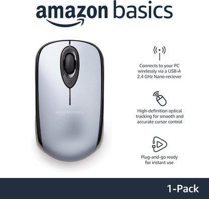 Amazon Basics 2.4 Ghz Wireless Optical Computer Mouse with USB Nano Receiver, Black