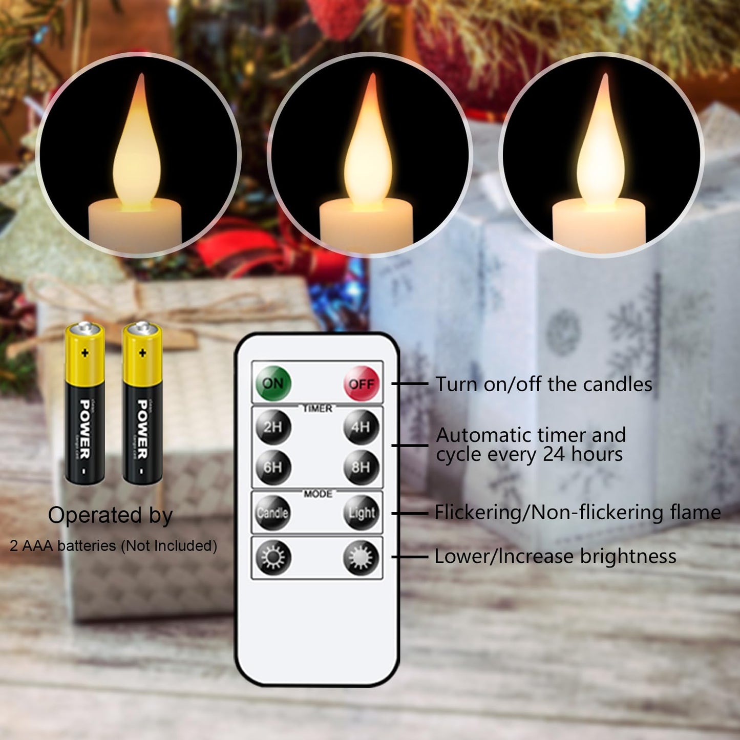 GenSwin Taper Flameless Candles Flickering with 2 Remote Controls and Timer, Battery Operated Led Warm 3D Wick Light Window Candles Real Wax Pack of 8, Christmas Home Decor(White, 0.78 X 9.64 Inch)