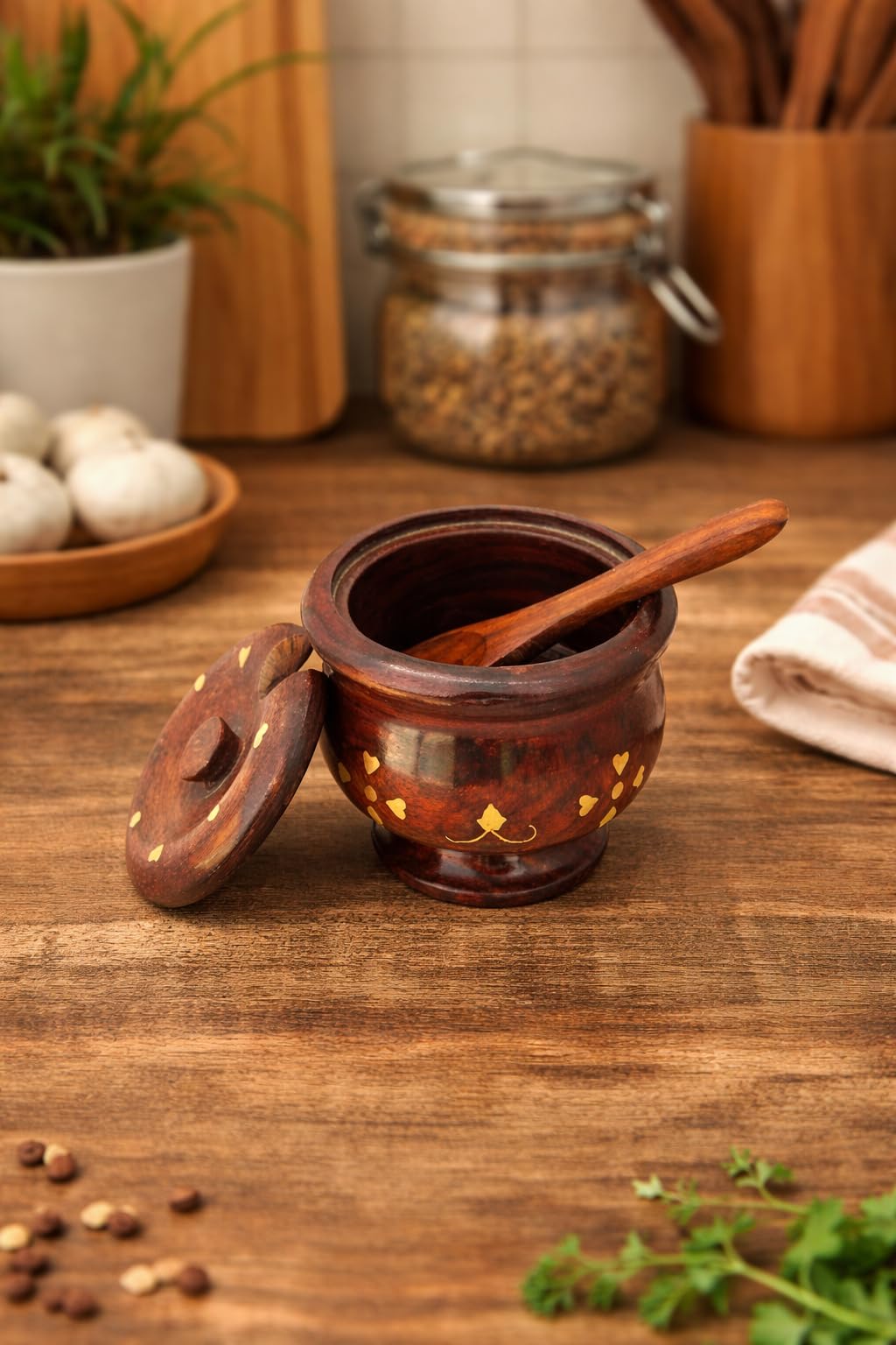 Woodensure Wood Spice Cellars Box with Lid for Kitchen, Countertop, Round Storage Box for Spices, Salt cellar, Salt Box, Salt Container, Salt Storage