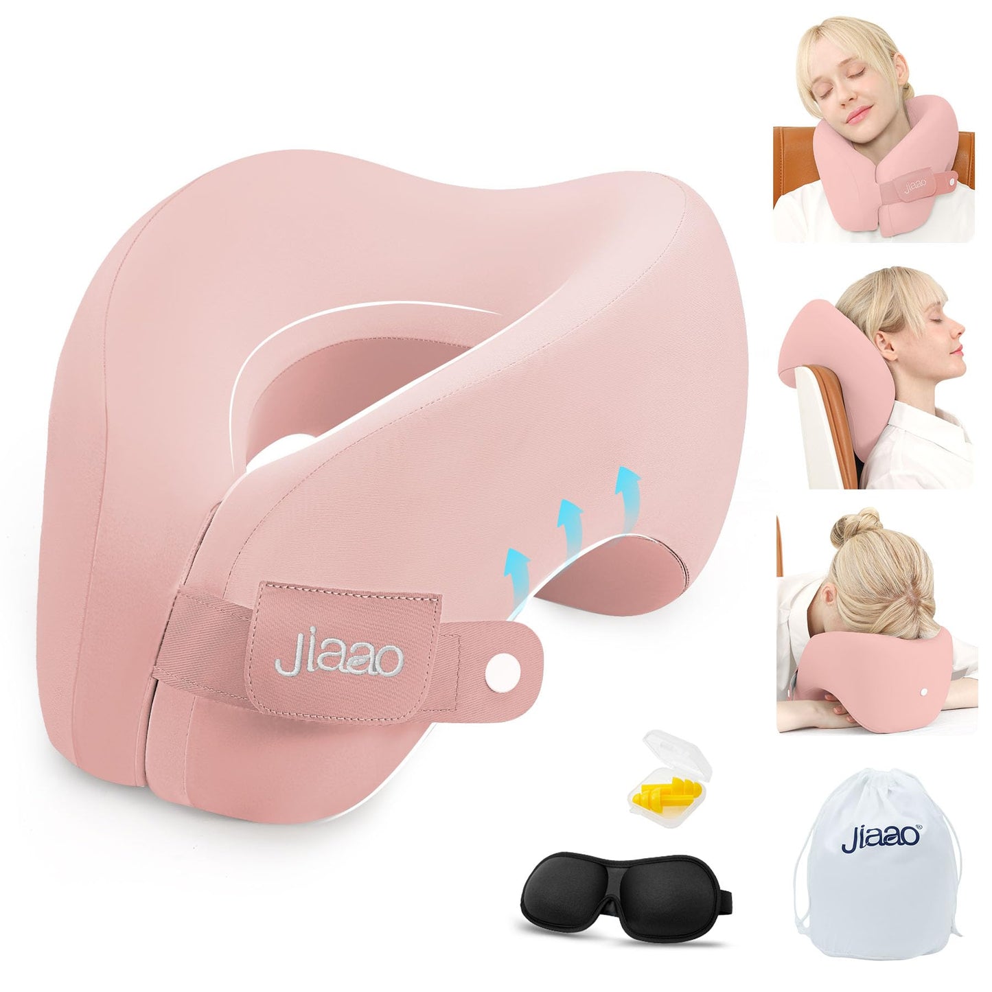 jiaao Neck Pillow Airplane, Memory Foam Travel Neck Pillows for Long Flight, 3D Eye Masks, Ear Plugs and Portable Drawstring Bag, Napping Pillow for Home, Road Trips, Sleep Rest and Travel Use