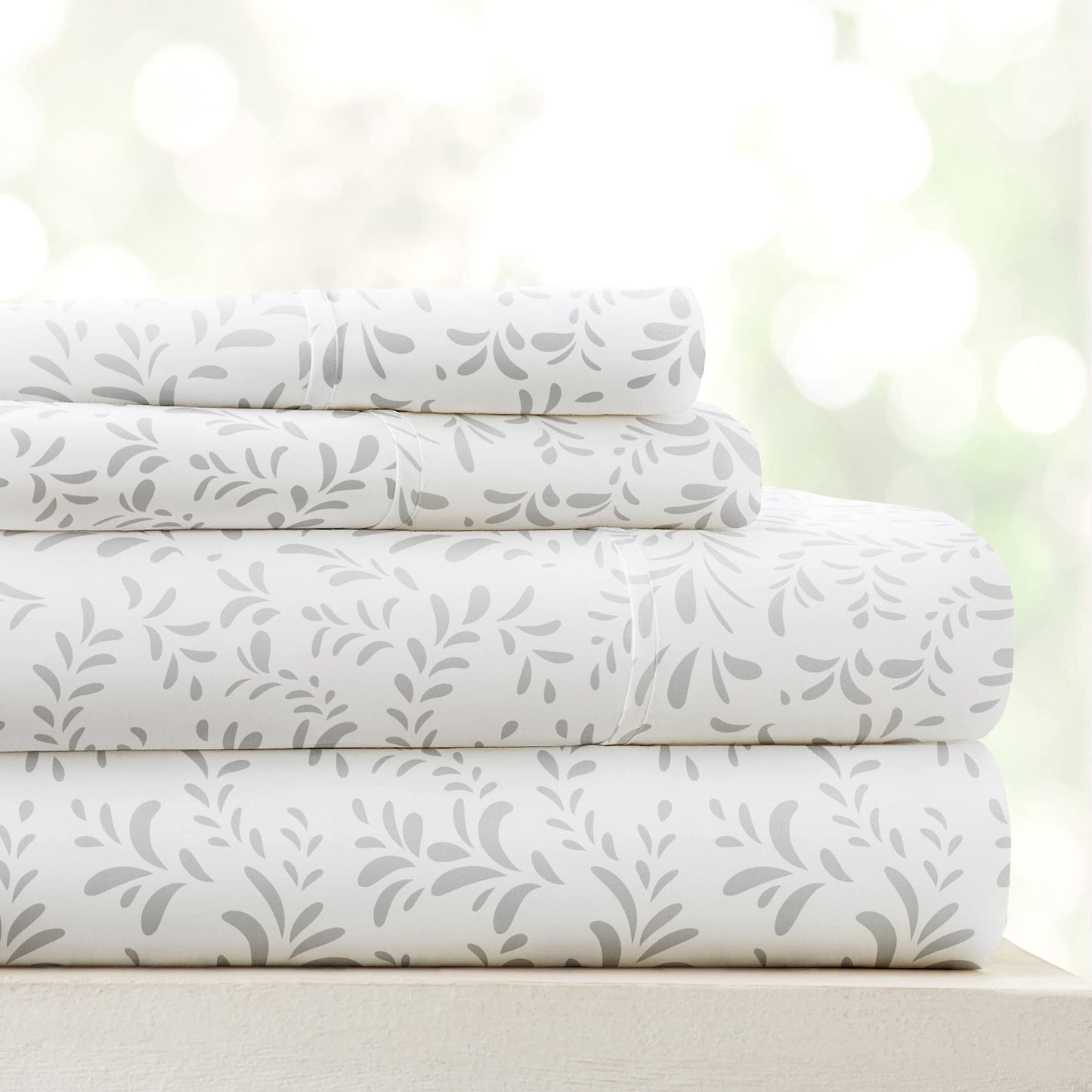 Linen Market Double-Brushed Patterned Microfiber Queen Sheet Set 4 Piece – Oeko-TEX Certified Ultra Soft & Wrinkle-Free - 16" Deep Pocket Sheets - Easy Care Queen Size - Burst of Vines Light Gray