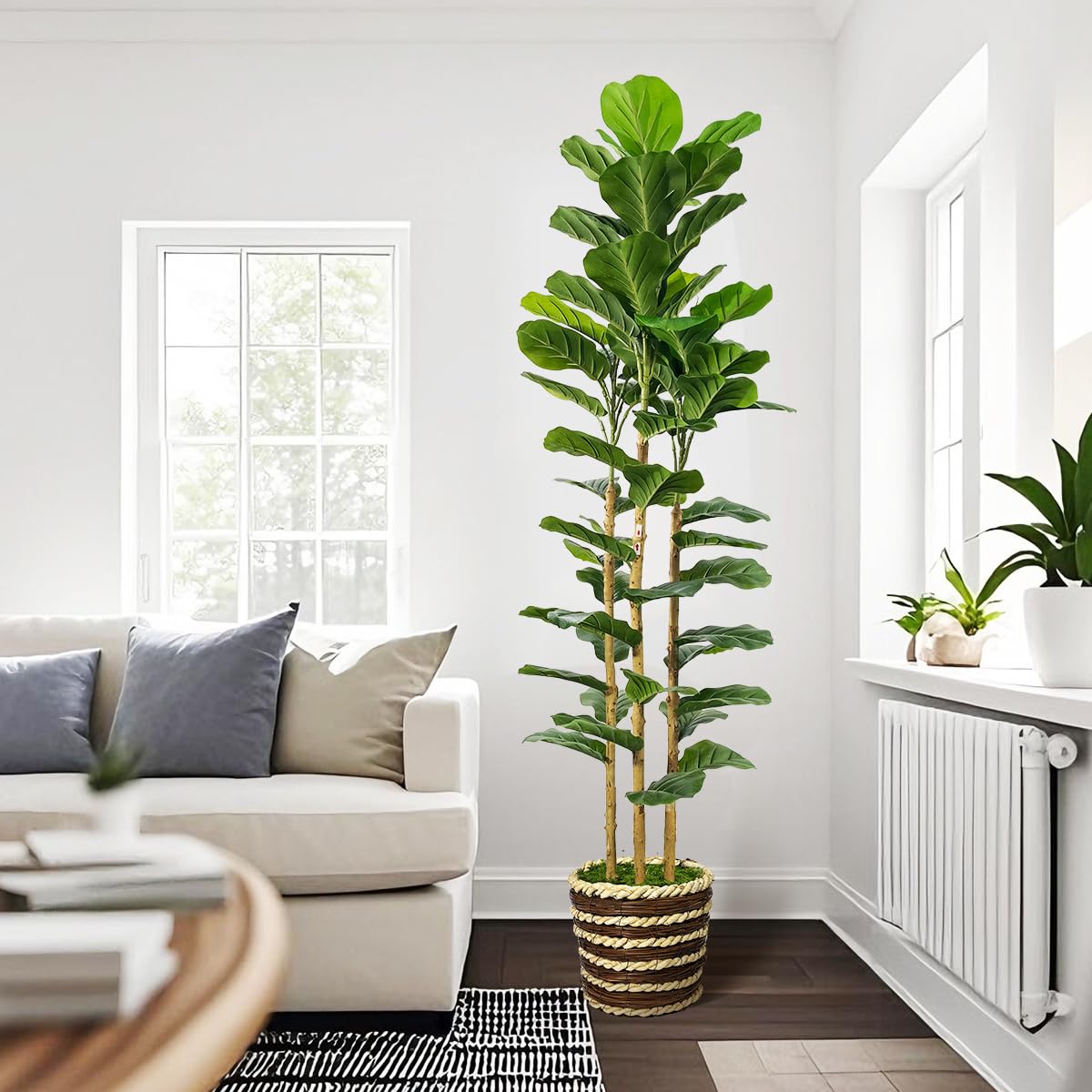 Artificial Fiddle Leaf Fig Tree Indoor with Woven Basket - 5ft Tall Fake Tree with Real-Wood Trunk,Faux Plants for Living Rooms, Offices, Kitchens & Outdoor Spaces (Round Basket)