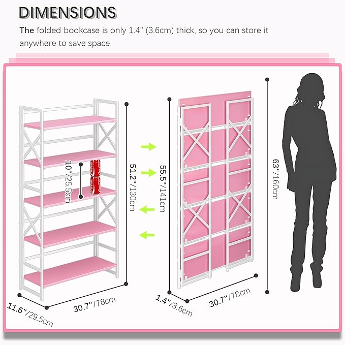 4NM Extra Wide 5 Tiers No Assembly Book Shelves, 51.2" H Folding Bookshelf