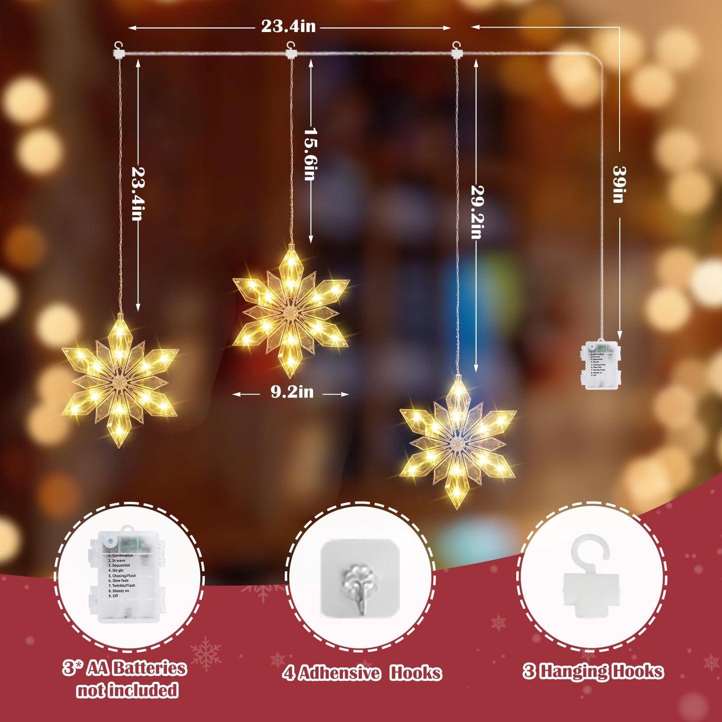 Quntis 34" Christmas Snowflakes Window Lights Battery Operated, 3 Pack 36 LEDs Snowflake String Lights with Timer Memory, 8 Twinkle Modes Xmas House Indoor Winter Hanging Decoration, Warm White