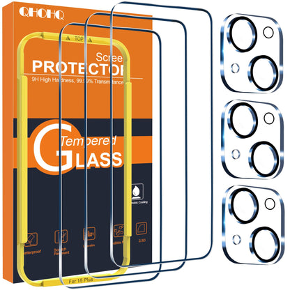 QHOHQ 3 Pack Screen Protector for iPhone 14 Pro 6.1 Inch with 3 Pack Tempered Glass Camera Lens Protector, Ultra HD, 9H Hardness, Scratch Resistant, Case Friendly