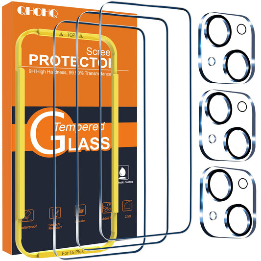 QHOHQ 3 Pack Screen Protector for iPhone 14 Pro 6.1 Inch with 3 Pack Tempered Glass Camera Lens Protector, Ultra HD, 9H Hardness, Scratch Resistant, Case Friendly