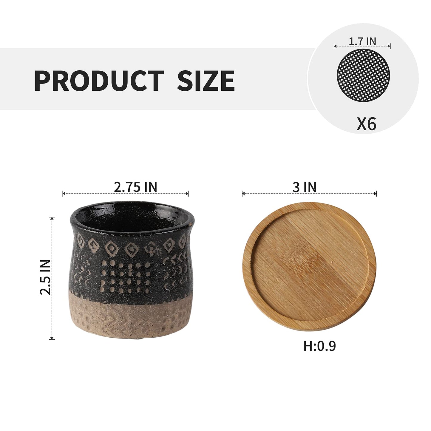 TAMAYKIM 2.75 Inch Mini Ceramic Succulent Plant Pots, Black Indoor Small Planter, Retro Elements Planter Pots with Saucer & Drainage Hole, for Cactus, Small Plants, Set of 6 (Plant Not Included)
