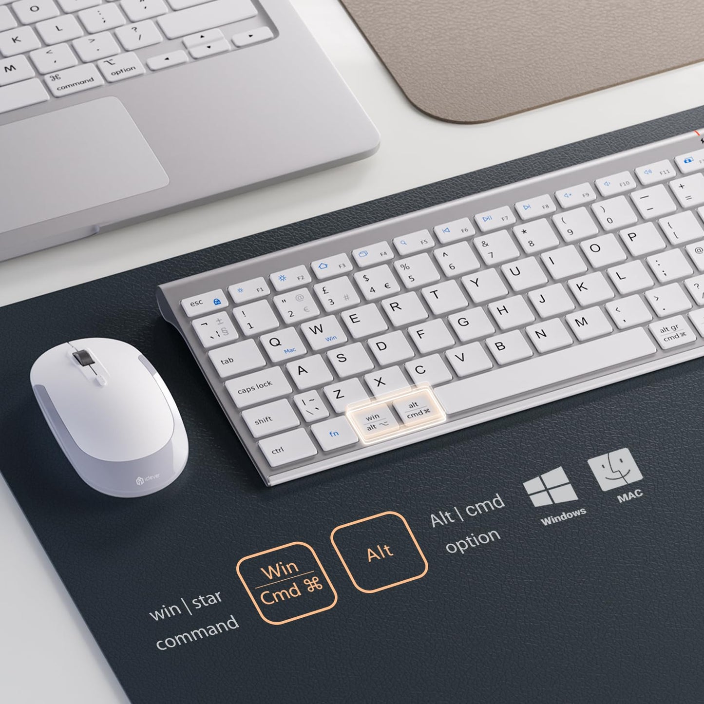 iClever GK03 Wireless Keyboard & Mouse Combo for Mac & Windows, 2.4G Rechargeable Wireless Keyboard Mouse, Silent Keys, Full Size, Portable Slim Ergonomic Design, QWERTY UK Layout, Silver and White