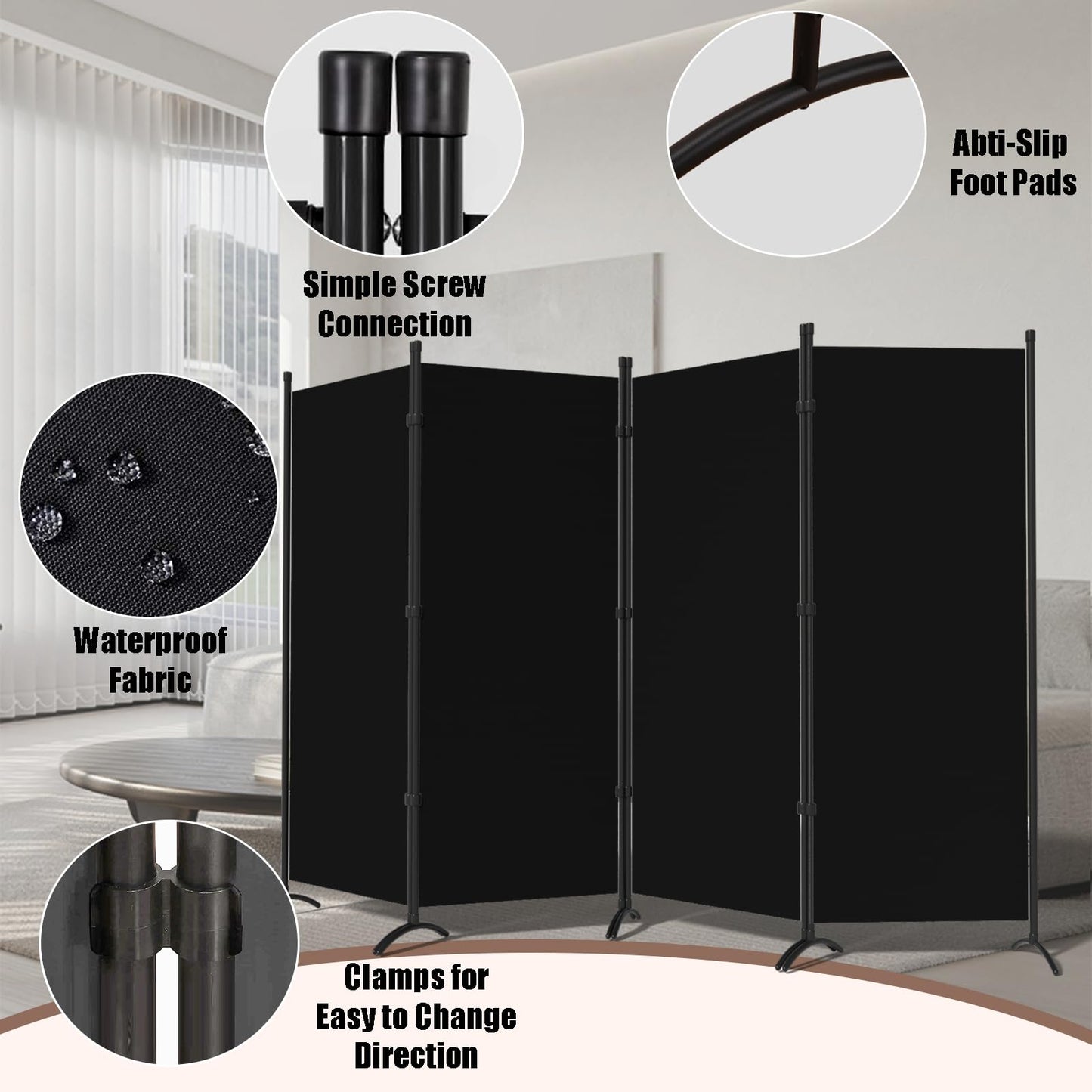 Room Dividers Folding Privacy Screens 4 Panel Partition Screen Steel Frame& Frabic Office Partition for Home Office Dorm Decor Black
