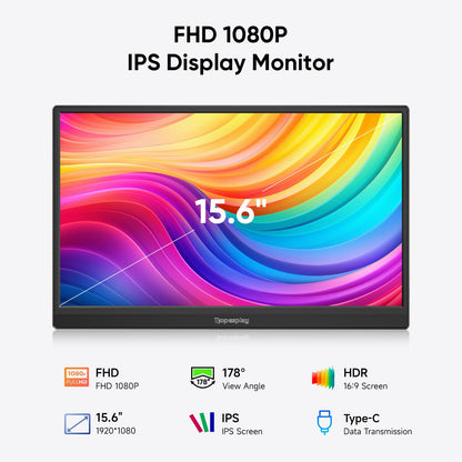 Dopesplay Portable Monitor 15.6'', 1080P FHD Travel Monitor for Laptop, USB-C/HDMI Portable Second Computer Display, Lightweight External Screen for PC Mac PS3/4/5 Xbox