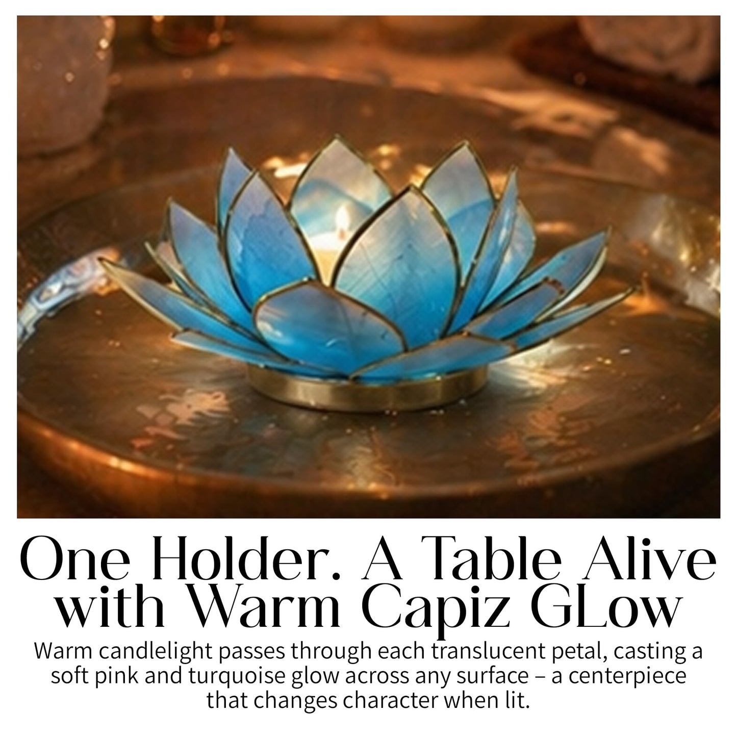 OM Gallery Gemstone Lotus Tealight Holder - Handcrafted Capiz Shell Design for Soft Glow, Elegant Home & Table Decor, Wedding Centerpieces, Votive Candle Styling, and Thoughtful Gifting - Turquoise