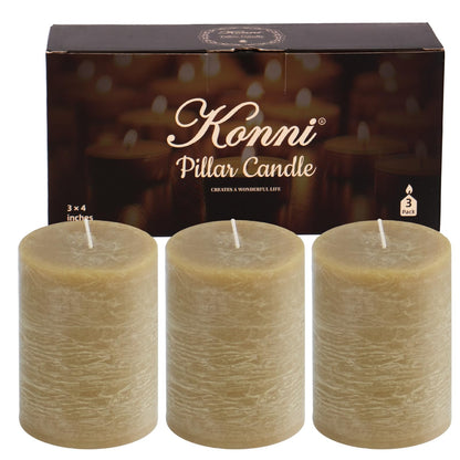 KONNI Wax Yellow Pillar Candles Set of 3, 3"x 4" Unscented Pillar Candles Bulk, 39 Hours Long Burning Candles, Smokeless&Dripless Large Round Candle for Wedding, Home Decoration, Parties, Spas, Dinner