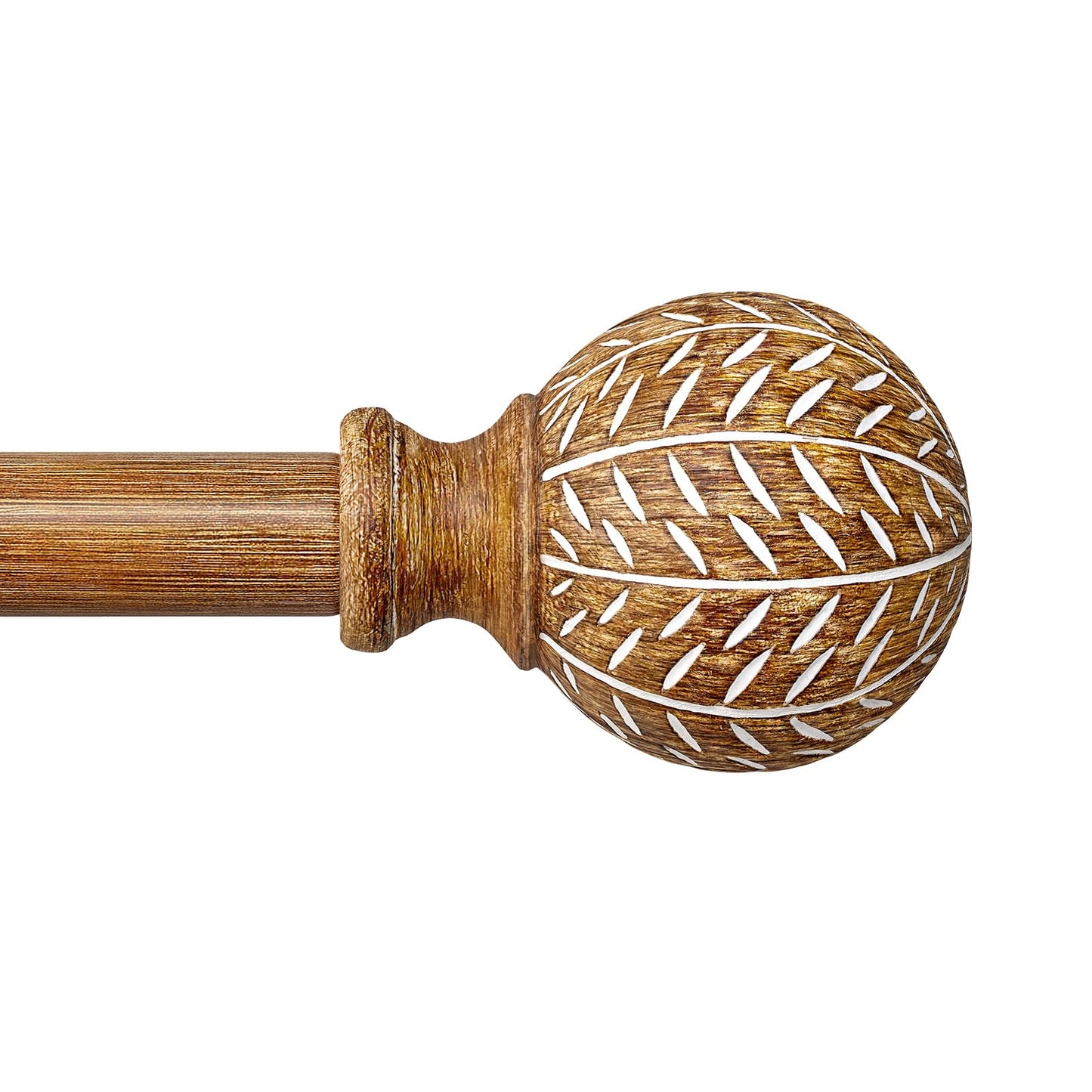 QDWIS Wood Curtain Rods for Windows 48 to 84 Inch,1'' Diameter Drapery Rods with Imitation Wood Grain Leaf Pattern Finials,Boho Adjustable Heavy Duty Curtain Rods Set,36-88'',Color:Natural Wood