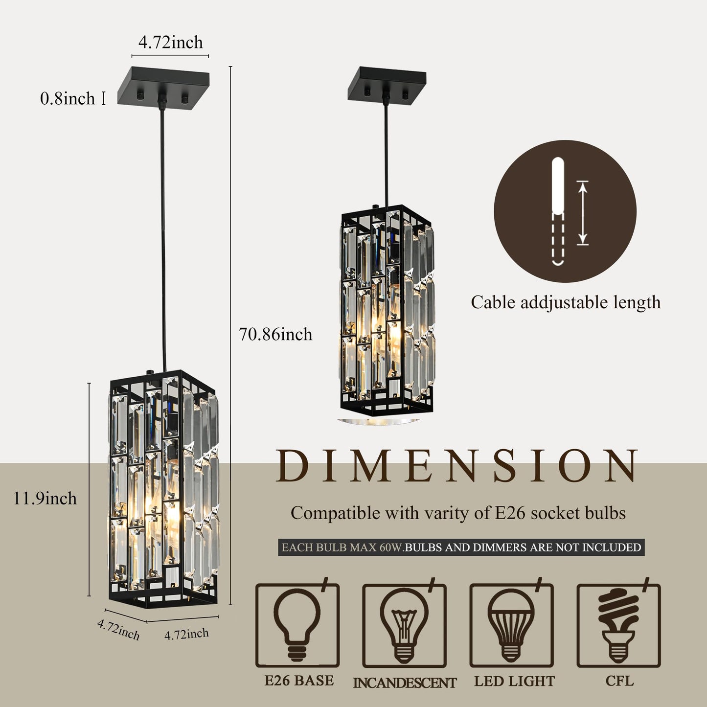 XLHYTF Black Hanging Kitchen Island Modern Concise Crystal Pendant Light Fixture, Adjustable Mini Crystal Pendant Lights Kitchen Island for Kitchen, Dining Room, and Bedroom (3 Pack)
