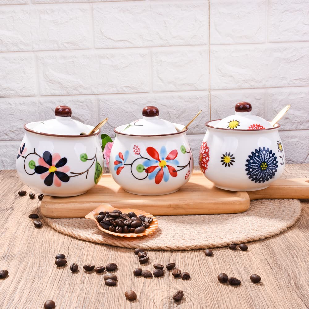 Whitenesser Ceramic Sugar Bowl with Lid and Spoon - 10.8oz Hand-Painted Floral Sugar Jar, Porcelain Salt Cellar for Kitchen Counter & Coffee Bar - Decorative Spice Jar for Honey, Jam, Seasoning