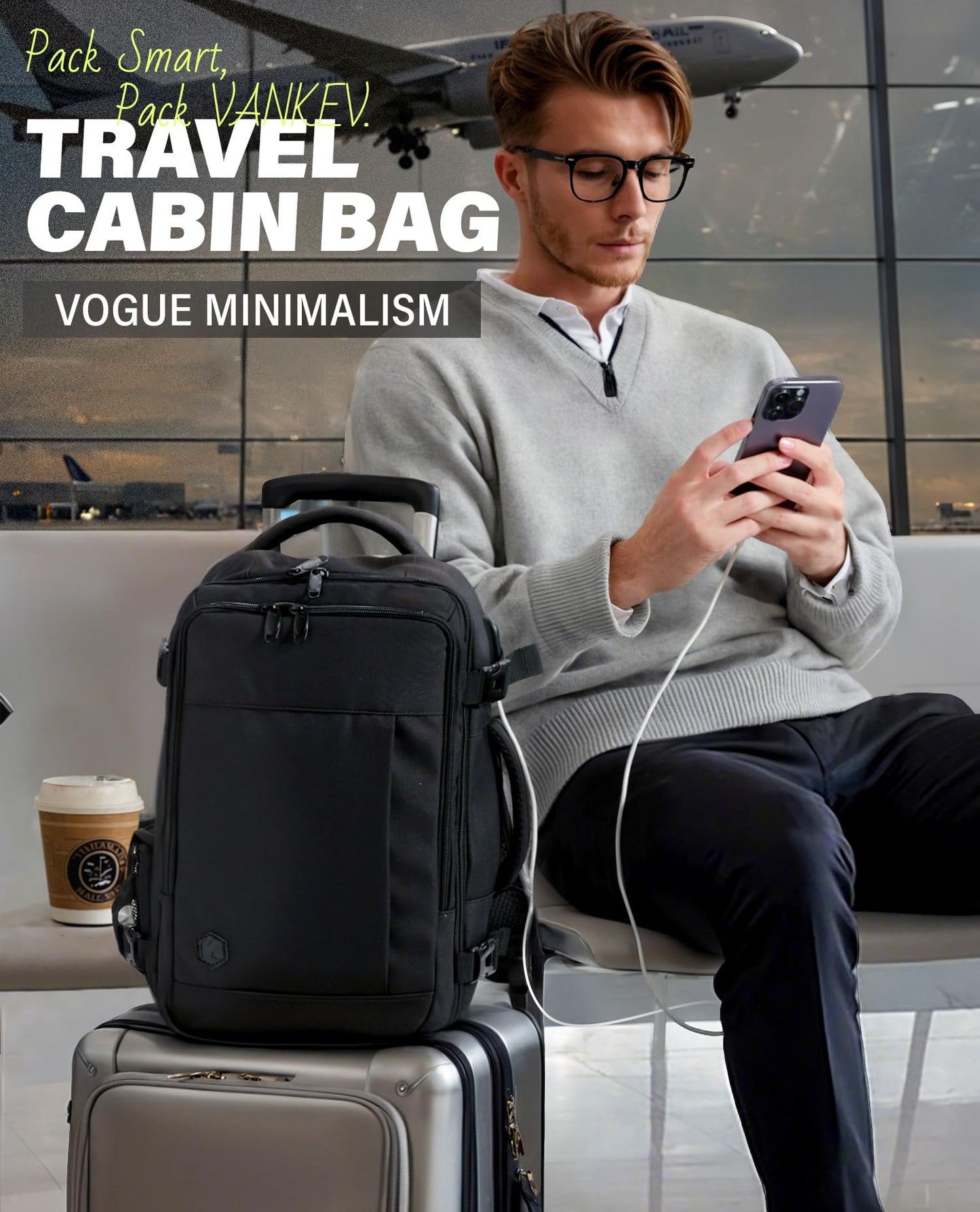 VANKEV Ryanair Cabin Bag 40x20x25 Underseat 20L Travel Bag Hand Luggage Backpack Carry-ons Bag Cabin Size Suitcases for Airplanes Flight Bag Travel Rucksack Fit 14 Inch Laptop Black