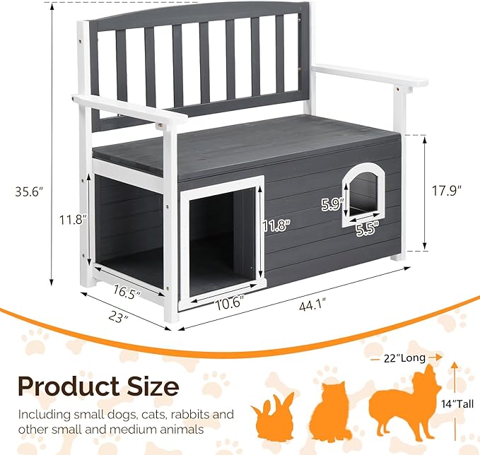 VINGLI Outdoor Storage Bench with Built-in Dog House, 2-in-1 Outdoor Waterproof Patio Bench with Pet Kennel for Patio Backyard Porch (Gray)