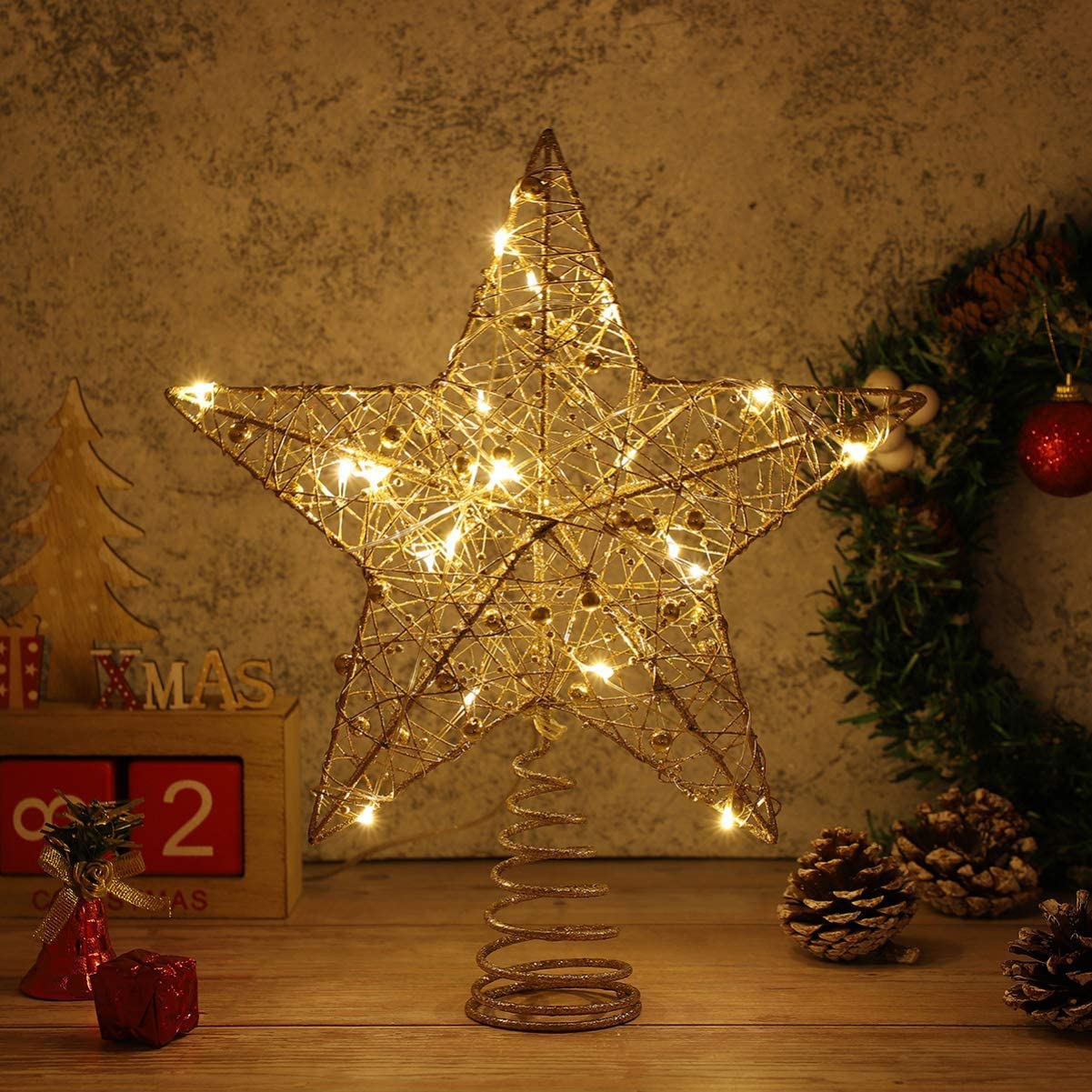 Gold Star Tree Topper, Rustproof Wire Christmas Tree Topper Star 9.84 X 7.87 X 2.36 Inch Decorative Lighted Treetop for Holiday Party and Home Decor