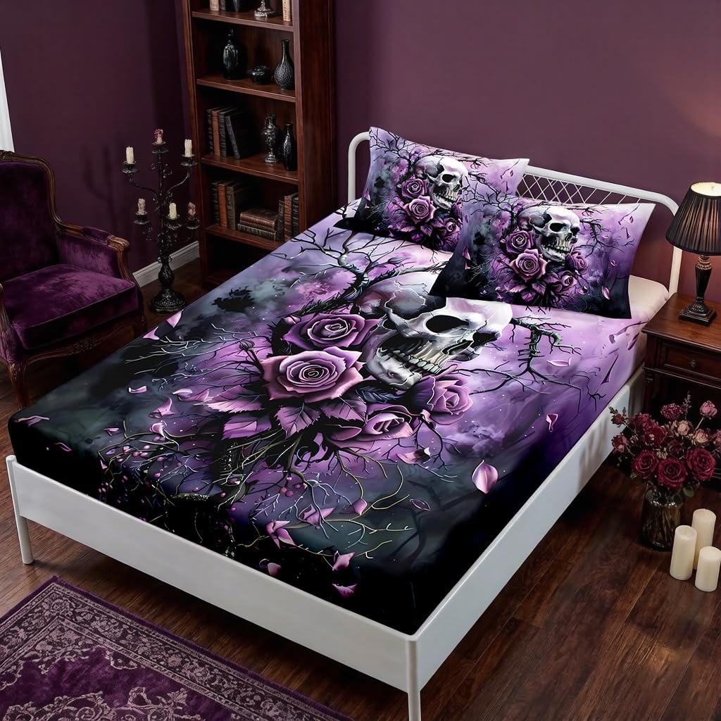 HOSIMA Death Skull Twin Fitted Sheet,Skull Surrounded by Flowers Print Gothic Bedding Set,Branch Pattern Horror Themed Halloween Bedding for Boys Girls Room Decor,1 Fitted Sheet+2 Pillowcases.