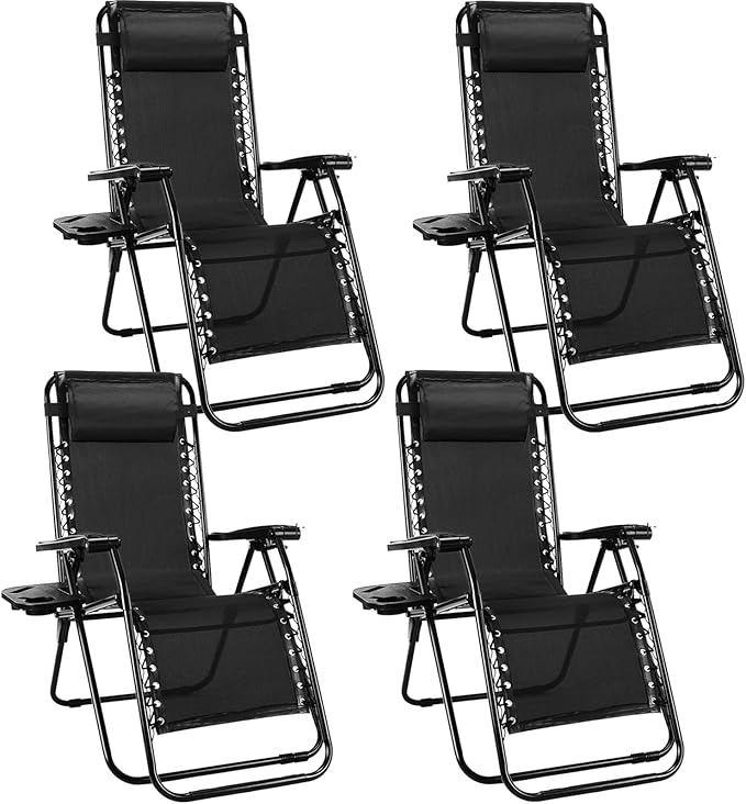 NEWBULIG Zero Gravity Chair Set of 4, Lounge Chair Folding Portable Adjustable Camping Reclining Chairs with Adjustable Pollow, Mesh Back, Cup Holder Trays Lawn Patio Chair for Pool Beach - Black