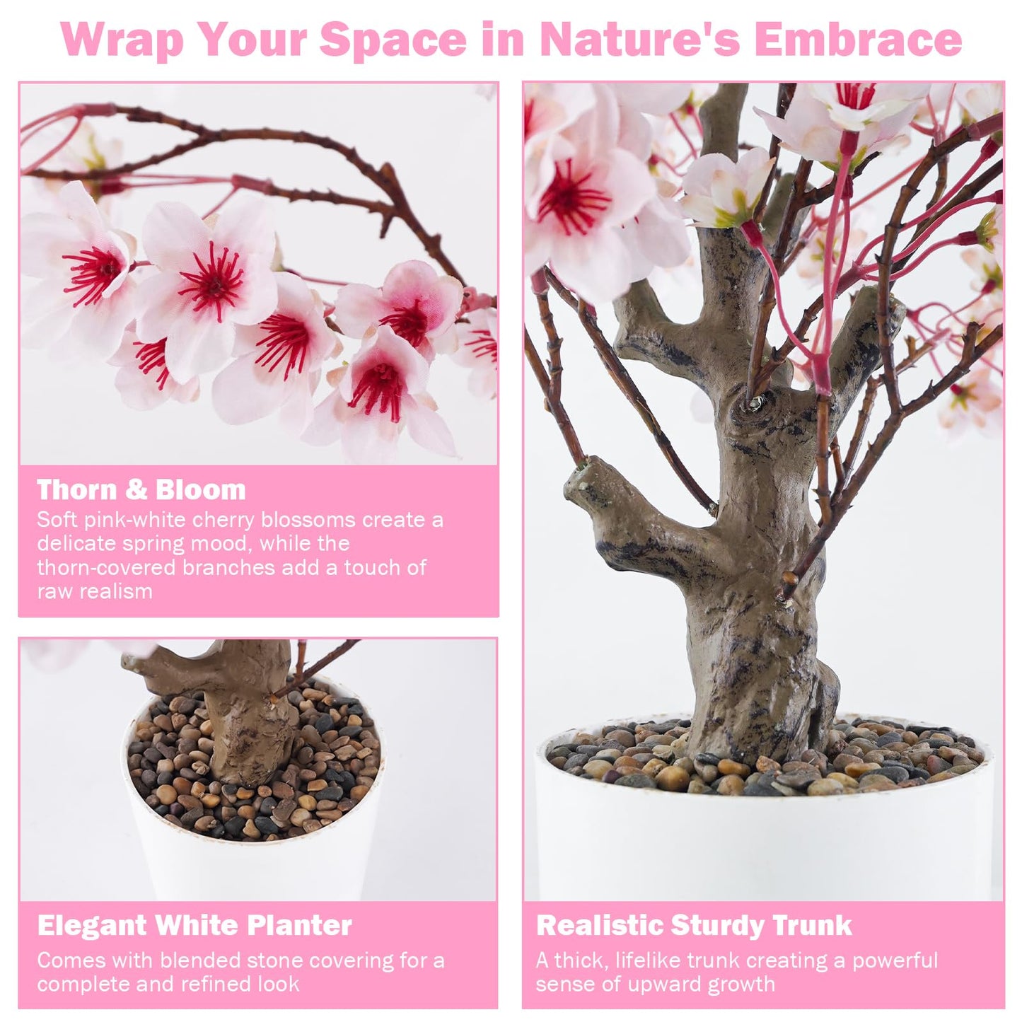 Caxchiling Cherry Bloosom Tree 2FT, Small Tabletop Tree with Vase Pot, Artificial Pink Flower Blossom Plants for Centerpiece, Home Office Desk Decor for Spring, Living Room Bedroom Wedding Party Decor