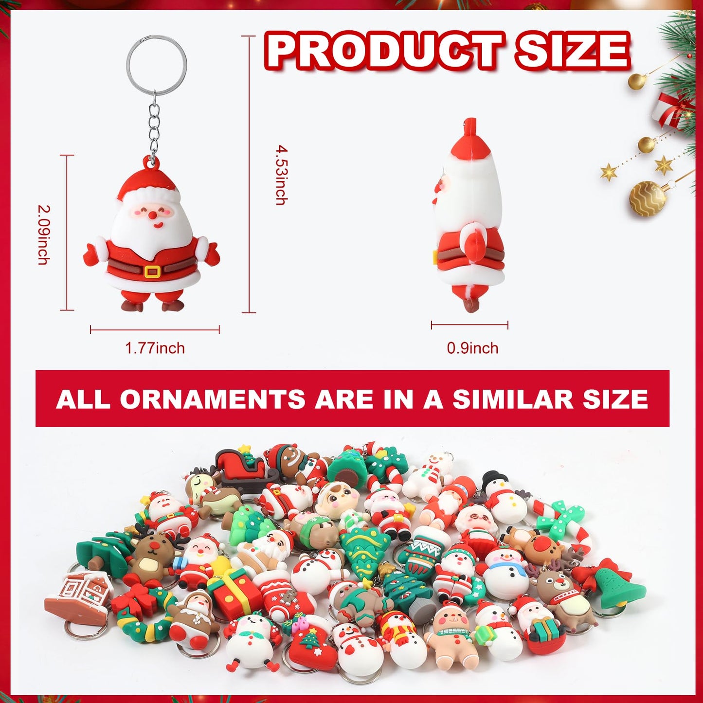 42 Pcs Christmas Keychains Bulk, 3D Santa Claus Snowman Xmas Tree Reindeer Hanging Ornaments with Key Rings for Christmas Party Favors, Adults Christmas Giveaways