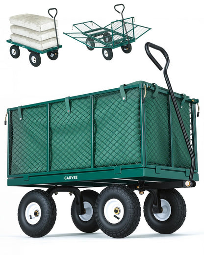 Garvee Versatile Outdoor Utility Cart-800LBS Heavy-Duty, 10" All-Terrain Pneumatic Tires, Easy Maneuverable Lawn Cart with Removable Mesh Panels for Gardening&Landscaping, Green, with Waterproof Liner