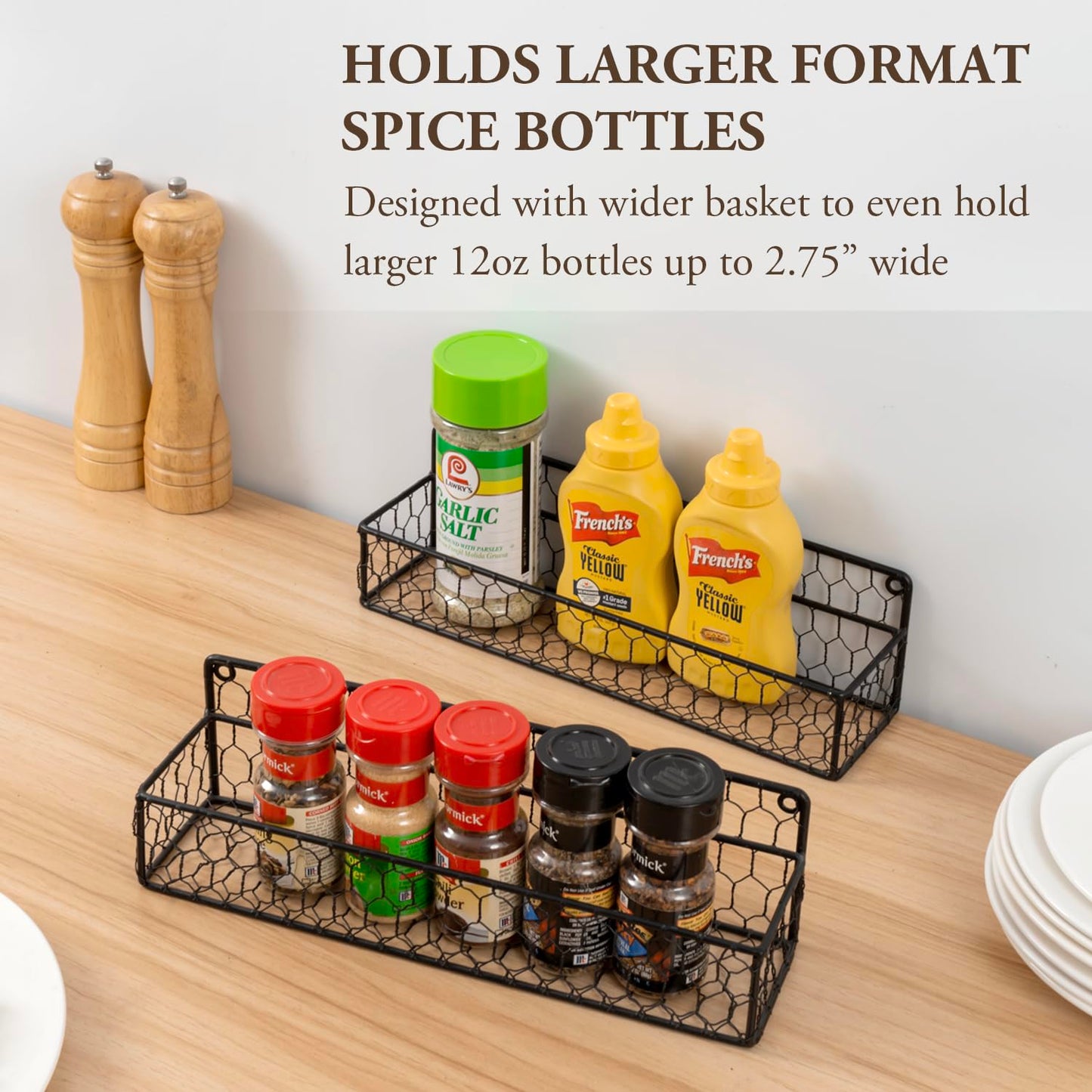 MyGift 2 Pcs Spice Rack Wall Mount, Small Seasoning Shelf Organizer, 12-Inch Over the Stove Hanging Kitchen Condiment Basket Storage Display, Black Wire