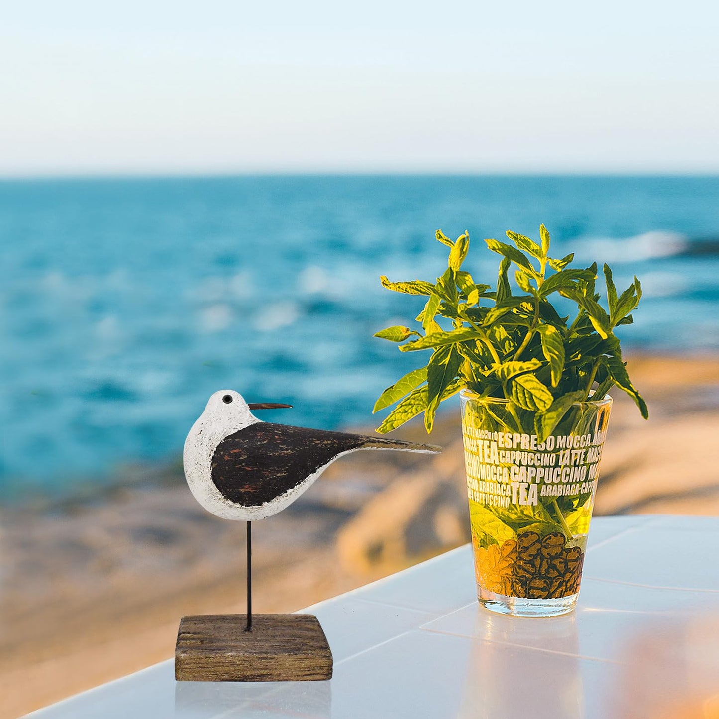 Wood Sea Bird Statue Seagull On Stand Decor Nautical Coastal Bird Sculpture