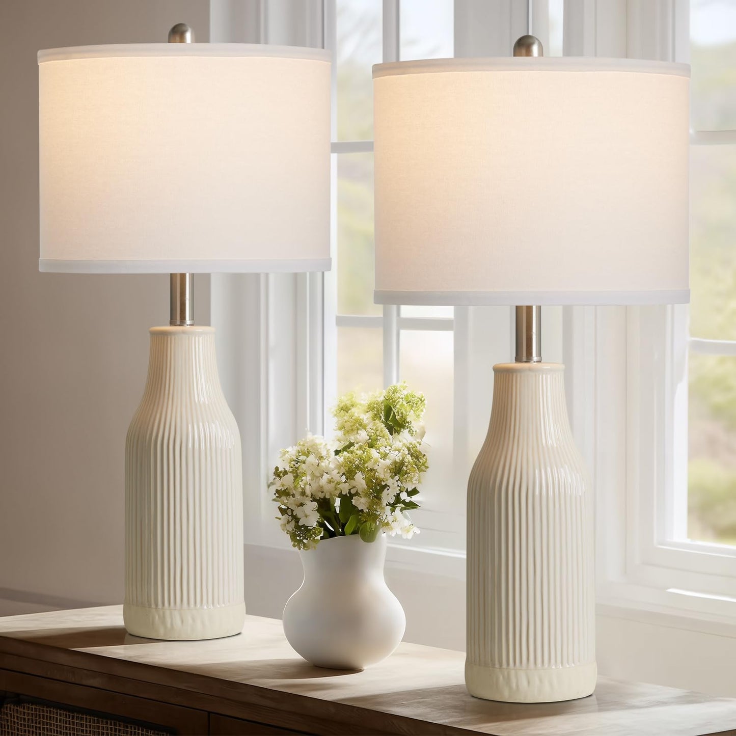 luxeflow 24.5" Ceramic Table Lamps Set of 2, Modern Farmhouse Bedside Lamps for Bedroom Nightstand, Small Table Lamp for Living Room End Table, Beige (2 LED Bulbs Included)