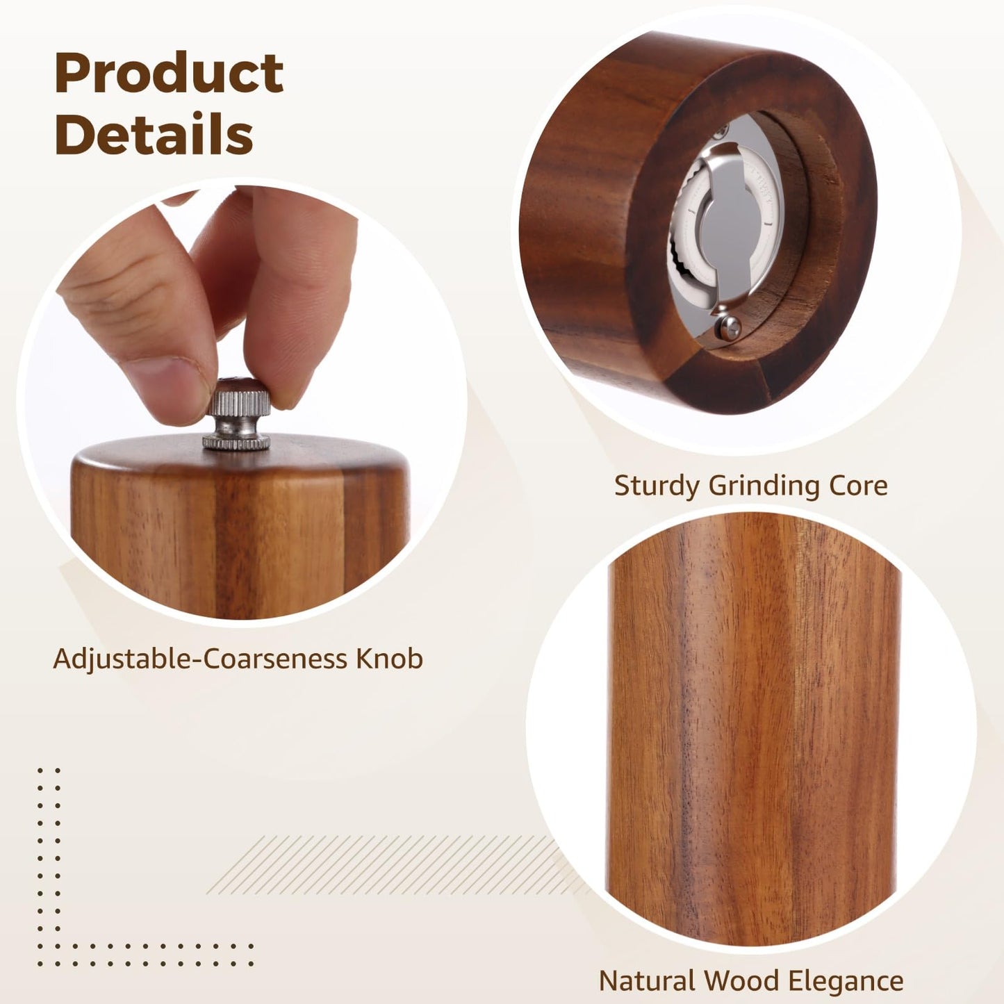 2 Pcs Wooden Salt and Pepper Grinder Set, Wood Pepper Shakers, Wooden Base, Refillable Sea Salt Grinder, 8.5 x 2.2 in