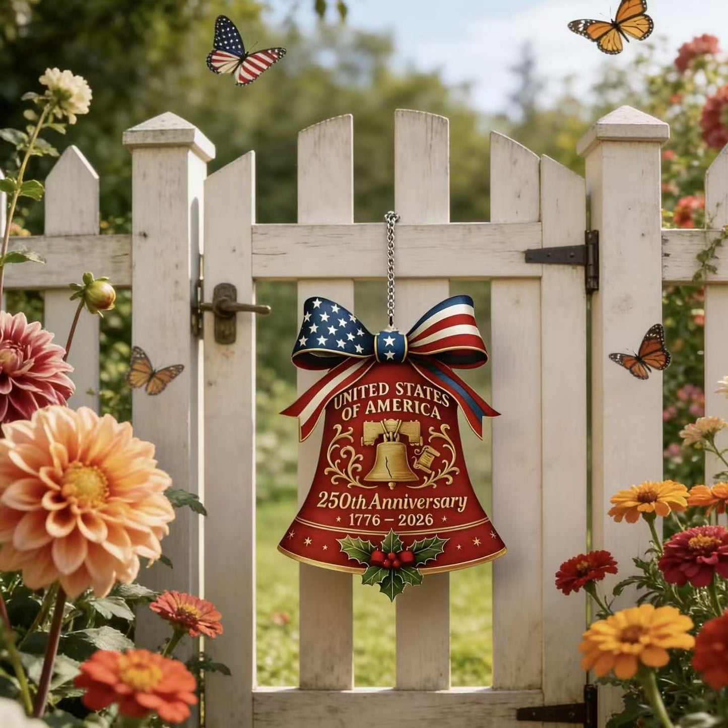 July 4th 250th Anniversary Ornament,Bell Sun Catcher Hanging,Red with America Flag Designs Bow Patriotic Christmas Ornaments,Full Cover Acrylic Suncatchers for Windows Decor Party Supplies for Garden