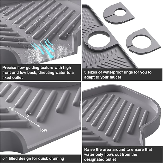 Faucet Mat for Kitchen Sink，6° Slope Sink Splash Guard，Splash Guard for Kitchen
