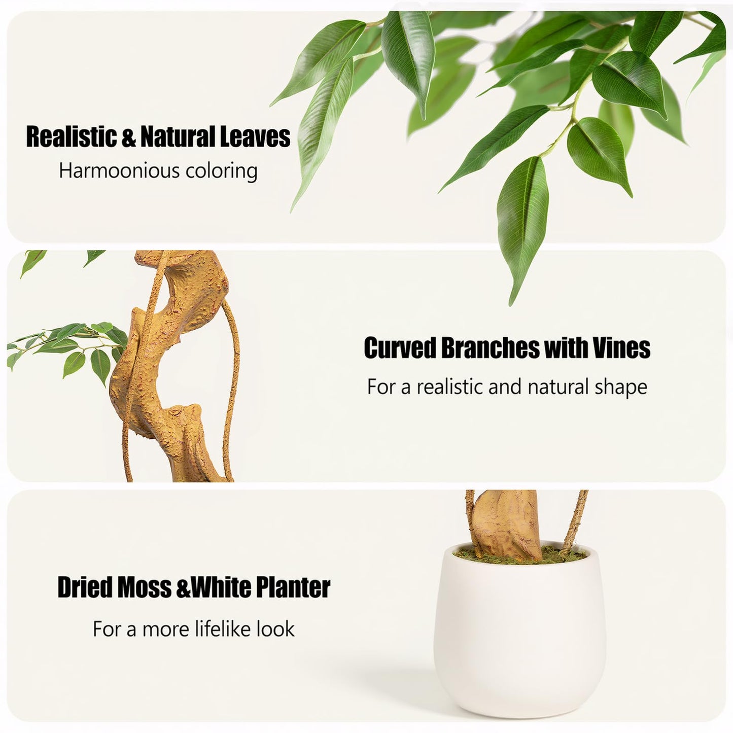 Keeplush 4ft Large Ficus Artificial Trees in White Pot, 48" Tall Fake Silk Tree with Natural Curved Trunk, Lush Faux Ficus Tree for Indoor Home Decor, Living Room, Office & Patio