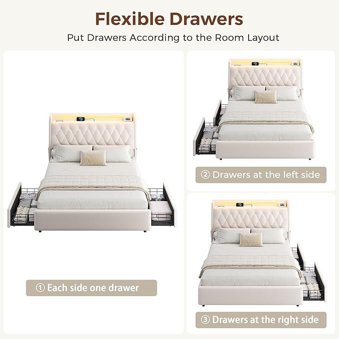 Full LED Velvet Bed Frame with 2 Storage Drawers&Hidden Headboard, Upholstered